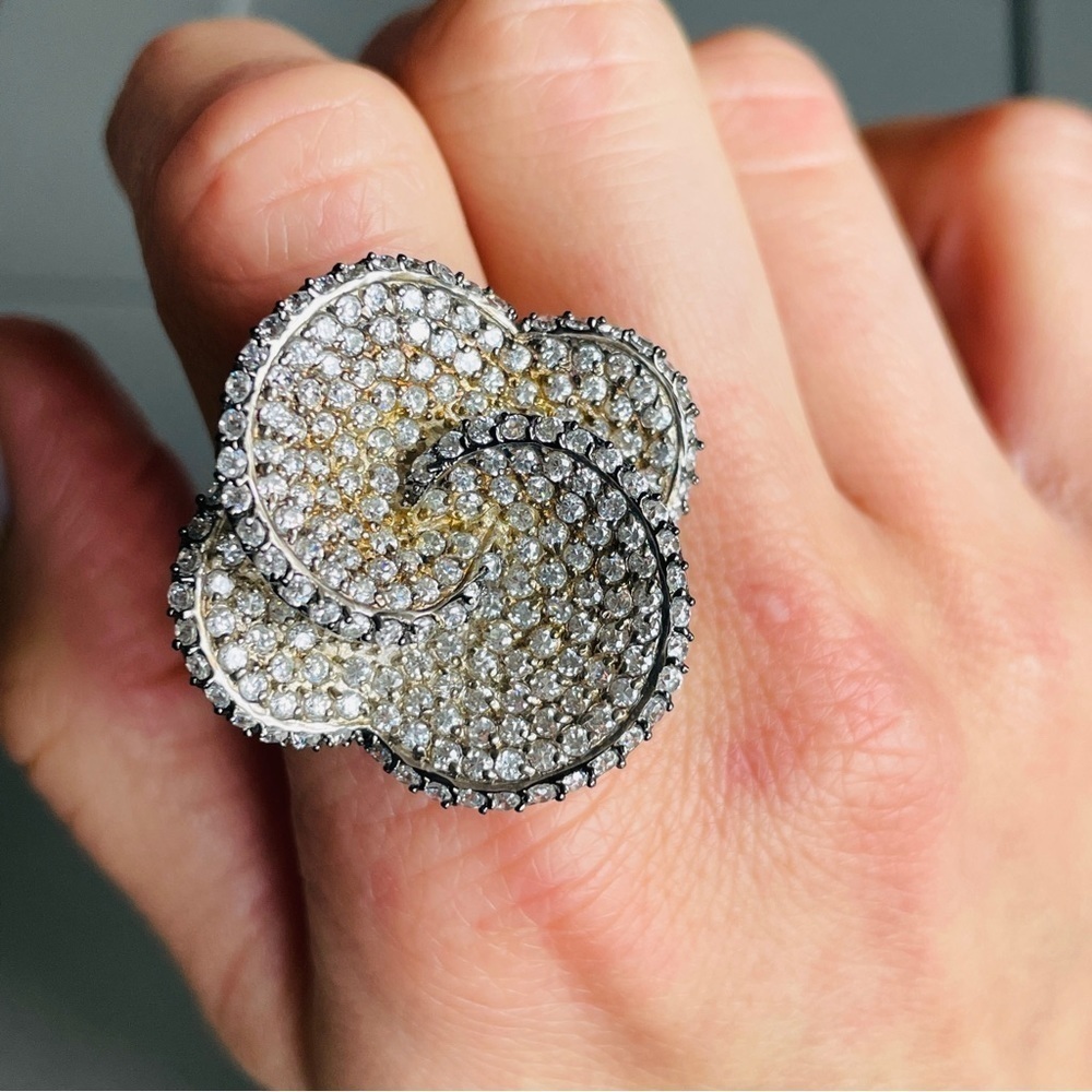 Large Pave Cubic Zirconia 3D Flower Sterling Silver Statement Ring Vinta…